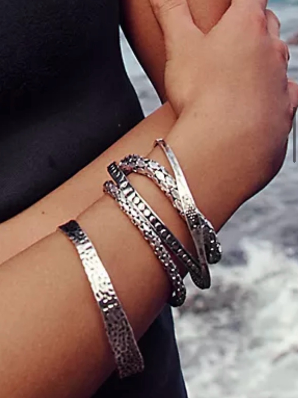 NWT Free People Silver Hammered and Textured Stackable Bracelet Set of 3
